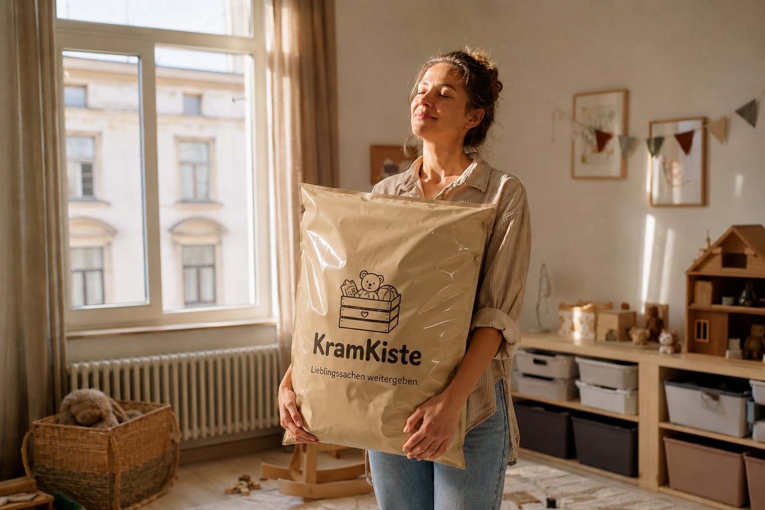 Eine erleichterte Mutter hält einen vollen KramKiste-Beutel in einem aufgeräumten Kinderzimmer